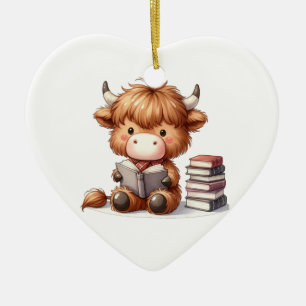 Ornamento De Cerâmica Livros de Leitura de Vacas em Highland