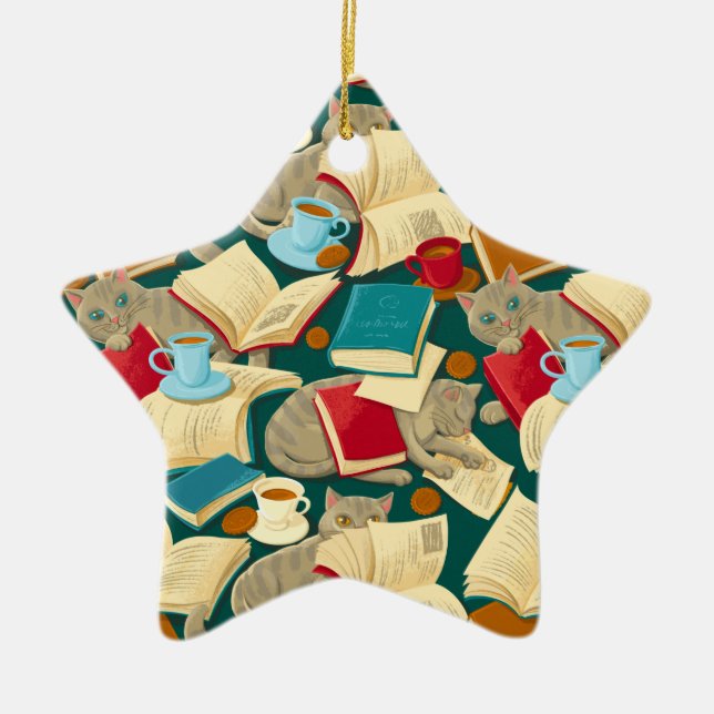 Ornamento De Cerâmica Livros e gatos (Frente)
