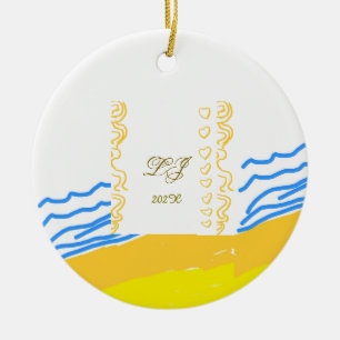 Ornamento De Cerâmica LJ Monograma Elegant Modern Wedding Beach Heart
