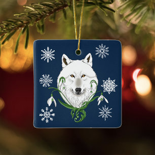 Ornamento De Cerâmica Lobo Ártico Branco Místico Flor-de-Neve Azul de In