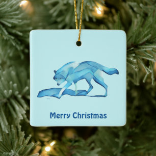 Ornamento De Cerâmica Lobo Azul Na Neve
