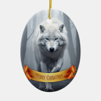 Ornamento De Cerâmica Lobo Branco na Floresta Foggy