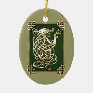 Ornamento De Cerâmica Lobo celta - fundo verde