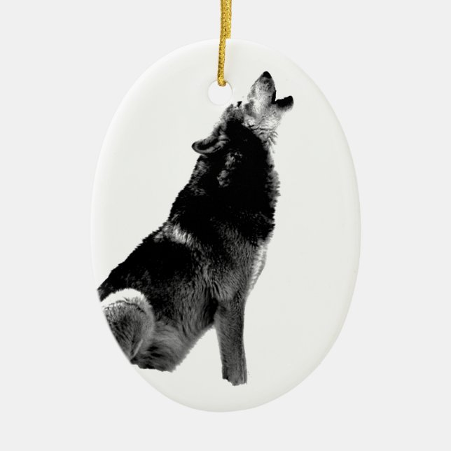 Ornamento De Cerâmica Lobo-de-Howling Branco-Preto (Frente)