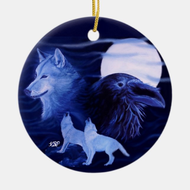 Ornamento De Cerâmica Lobo e Raven com lua de cheio (Frente)