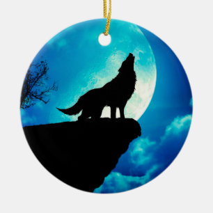 Ornamento De Cerâmica Lobo em silhueta uivando até a lua de cheio