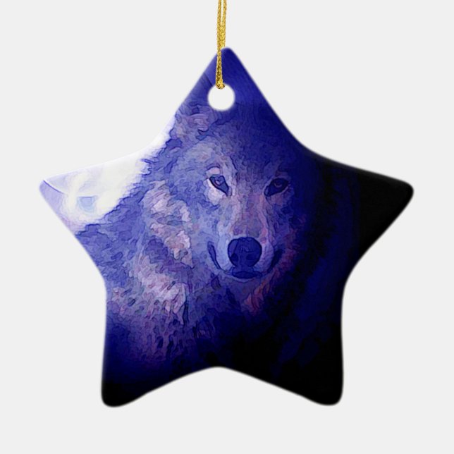 Ornamento De Cerâmica Lobo, Lua e Noite Azul (Frente)