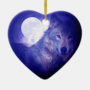Ornamento De Cerâmica Lobo, Lua e Noite Azul