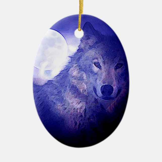 Ornamento De Cerâmica Lobo, Lua e Noite Azul (Frente)