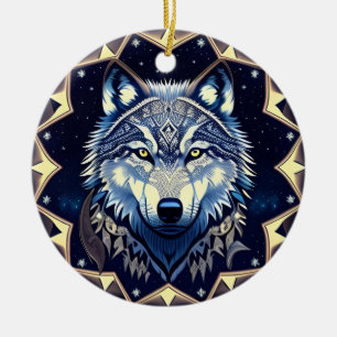 Ornamento De Cerâmica Lobo Majestoso Sob Céu Estrelado