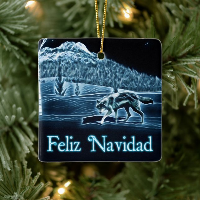 Ornamento De Cerâmica Lobo na neve - Feliz Navidad (Árvore)