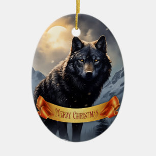 Ornamento De Cerâmica Lobo Negro nas Montanhas Snowy