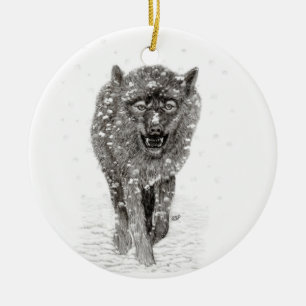Ornamento De Cerâmica Lobo Negro Zangado na Neve, inverno selvagem