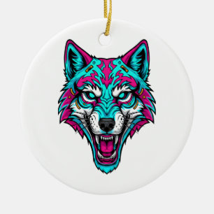 Ornamento De Cerâmica Lobo Neon Cyberpunk - Animal Robótico Synthwave