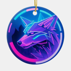 Ornamento De Cerâmica Lobo Neon Futurista em Arte Geométrica