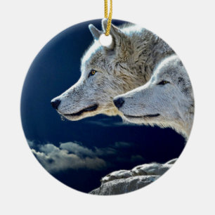 Ornamento De Cerâmica Lobos Brancos
