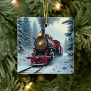 Ornamento De Cerâmica Locomotiva a Vapor Antiga em Bosques de Inverno