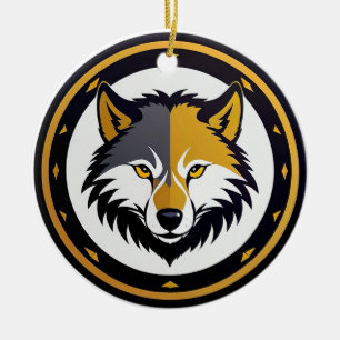 Ornamento De Cerâmica Logotipo de Emblema de Lobo com Círculo Dourado