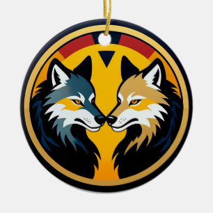 Ornamento De Cerâmica Logotipo de Emblema de Lobo Duplo com Círculo Dour