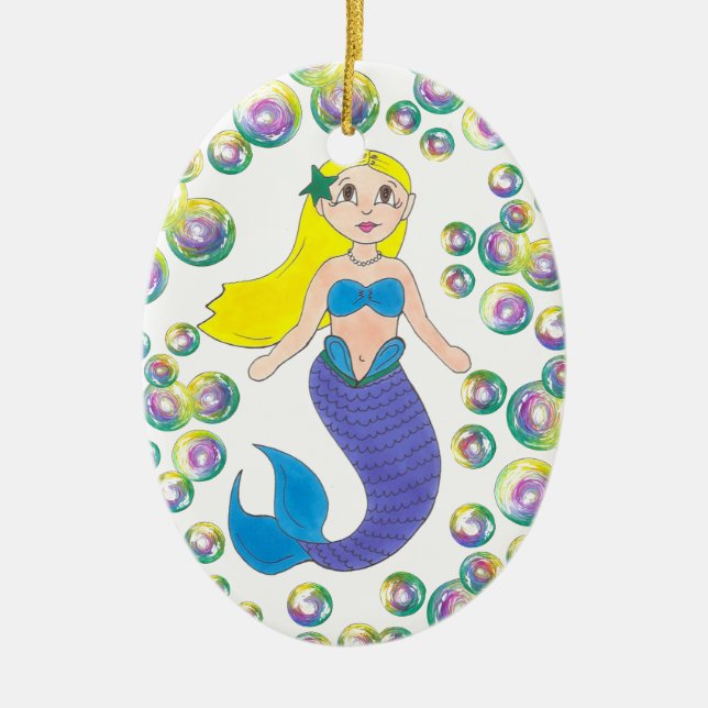 Ornamento De Cerâmica Loira Nadando Sereia Rapariga Bolhas Oceano (Frente)