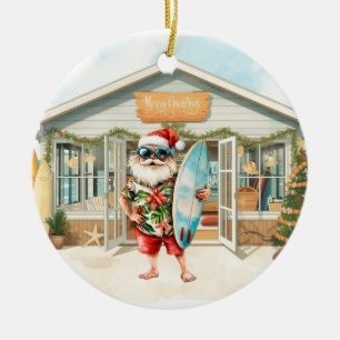 Ornamento De Cerâmica Loja de surf Natal com Papai Noel na praia