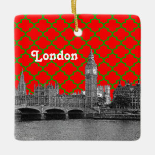 Ornamento De Cerâmica Londres Skyline Echada, Green Red Quatrefoil