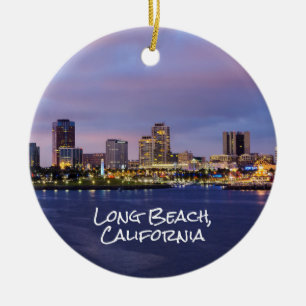 Ornamento De Cerâmica Long Beach California, Skyline em Dusk,