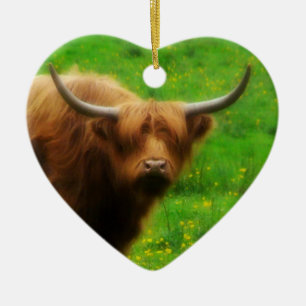 Ornamento De Cerâmica Longhorn de cabelos compridos com chifres longos