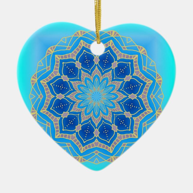 Ornamento De Cerâmica Lotus mandala em turquesa e azul (Frente)