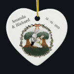 Ornamento De Cerâmica Love Bunnies | Coração de Aniversário de Casamento<br><div class="desc">Um Enfeites de natal giro e romântico em forma de coração que apresenta uma ilustração adorável de dois coelhos coelhos lentos dançando debaixo das árvores no pôr do sol. Isso seria um doce presente personalizado para seu parceiro ou um casal recém-casado.</div>