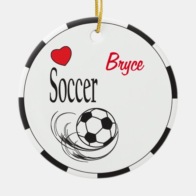 Ornamento De Cerâmica Love Red Heart Soccer Ball (Frente)
