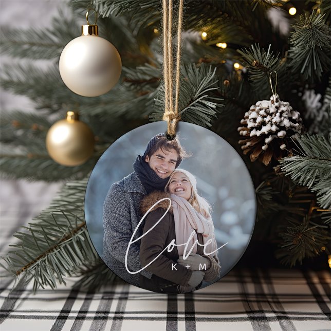 Ornamento De Cerâmica Love Script Overlay Foto & Inicials (Criador carregado)