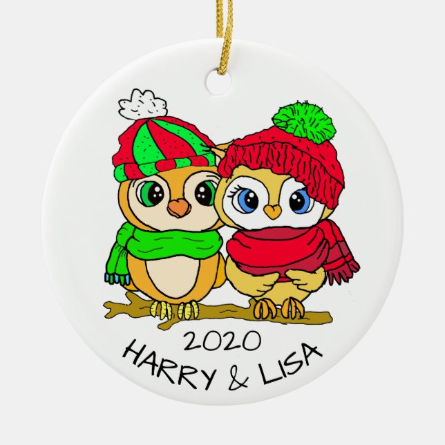 Ornamento De Cerâmica Lovebird Personalizado Fogueira Natal (Frente)