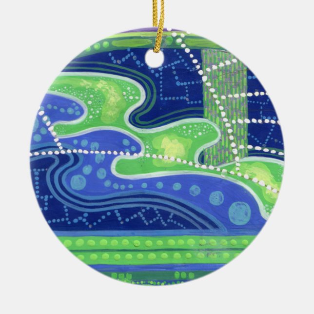 Ornamento De Cerâmica Lua cheio Azul, verde e violeta, abstrato art (Frente)