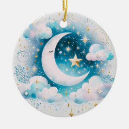 Ornamento De Cerâmica Lua Crescente Azul e Branco Celestial Boho Moderno