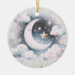 Ornamento De Cerâmica Lua Crescente Azul e Branco Celestial Boho Moderno