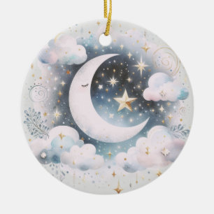 Ornamento De Cerâmica Lua Crescente Azul e Branco Celestial Boho Moderno
