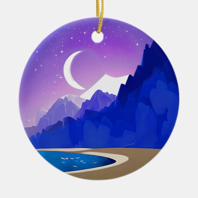 Ornamento De Cerâmica Lua Crescente, Lago e Montanhas em Violeta e Azul (Frente)