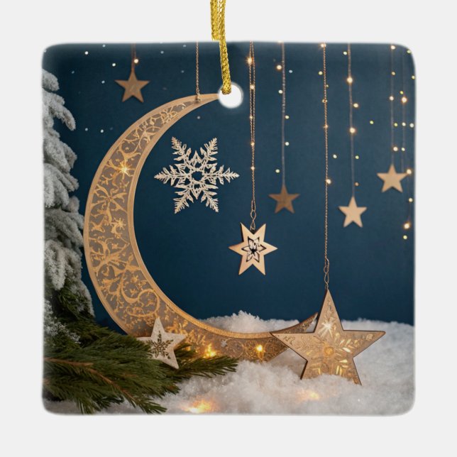 Ornamento De Cerâmica Lua de Natal Mística Celestial (Frente)