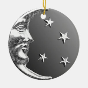 Ornamento De Cerâmica Lua do art deco e estrelas - cinza/cinzas e prata