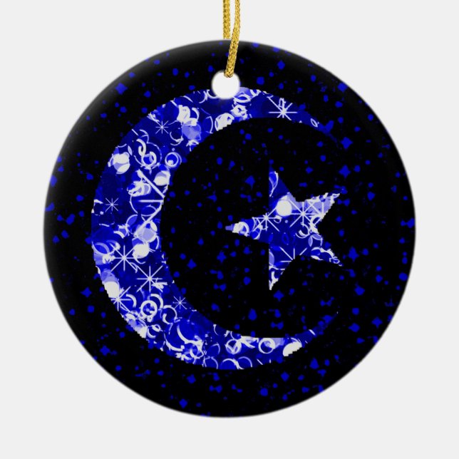 Ornamento De Cerâmica Lua e estrela azul brilhante (Frente)
