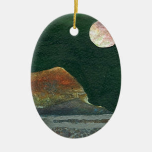 Ornamento De Cerâmica Lua rosa e verde se levanta sobre um mundo alieníg