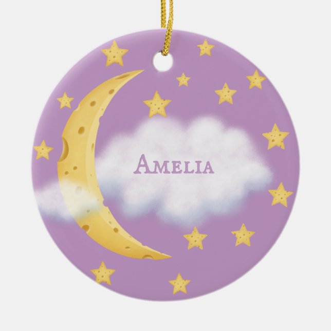 Ornamento De Cerâmica Lua Stars & Fluffy Cloud Lilac Baby Keepsawn (Frente)