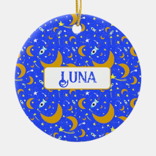 Ornamento De Cerâmica Luas de Crescente Amarelo disparando sobre os fogu (Frente)