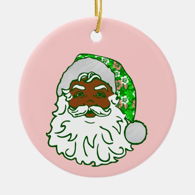 Ornamento De Cerâmica luau pink christmas hawaiian african black santa  (Frente)