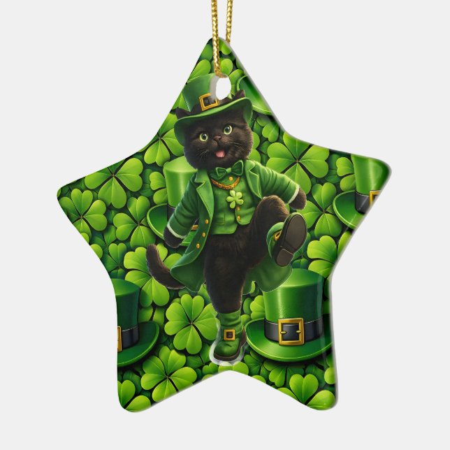 Ornamento De Cerâmica Lucky leprechaun black cat snowflake ornament Sain (Esquerda)