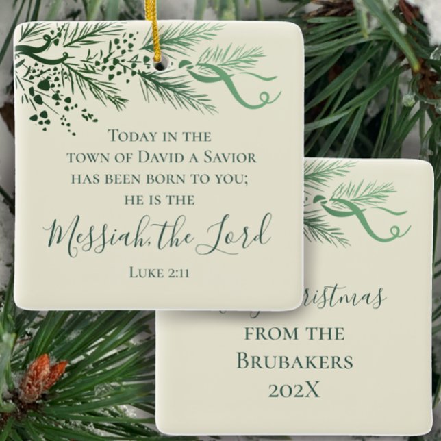 Ornamento De Cerâmica Luke 2:11 Sage Pine Personalizado Presente de Nata (Personalize this Luke 2:11 Scripture Christmas ornament gift with name and year. Hand drawn pine )