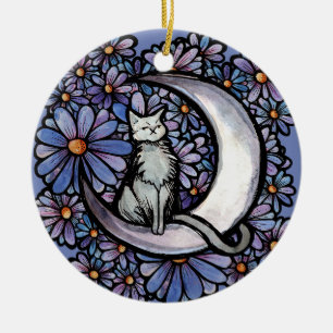 Ornamento De Cerâmica Luna Moon Cat Roxo Daisy