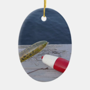 Ornamento De Cerâmica lures de pesca no lago vermelho, azul branco...