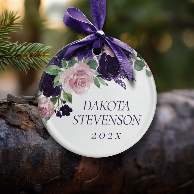 Ornamento De Cerâmica Lush Blossoms | Monograma de padrão roxo e rosa (Criador carregado)